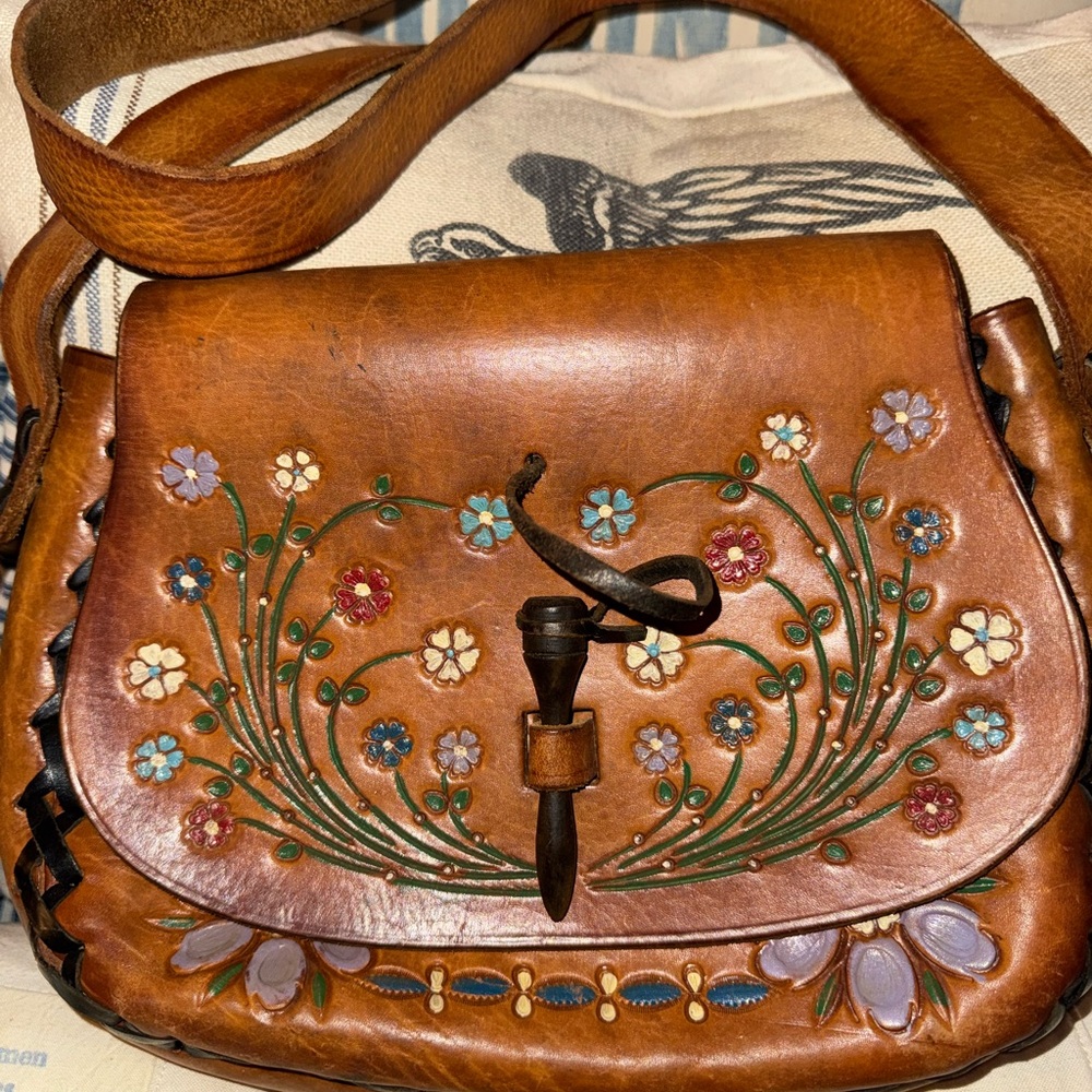 Floral Embroidered Brown Leather Bag